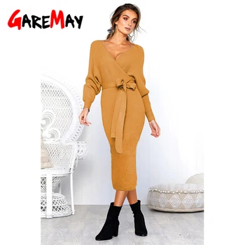 

Autumn Winter Dress 2018 Long Batwing Sleeve Warm Sexy V-neck Dress Open Back Knee-lenght Winter Dresses Women New Collection