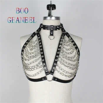

Boogeaneel Punk Bust Garters Sexy Lingerie Belt With Metal Chain Fashion Rivet Choker Adjustable Leather Harness Women Bondage