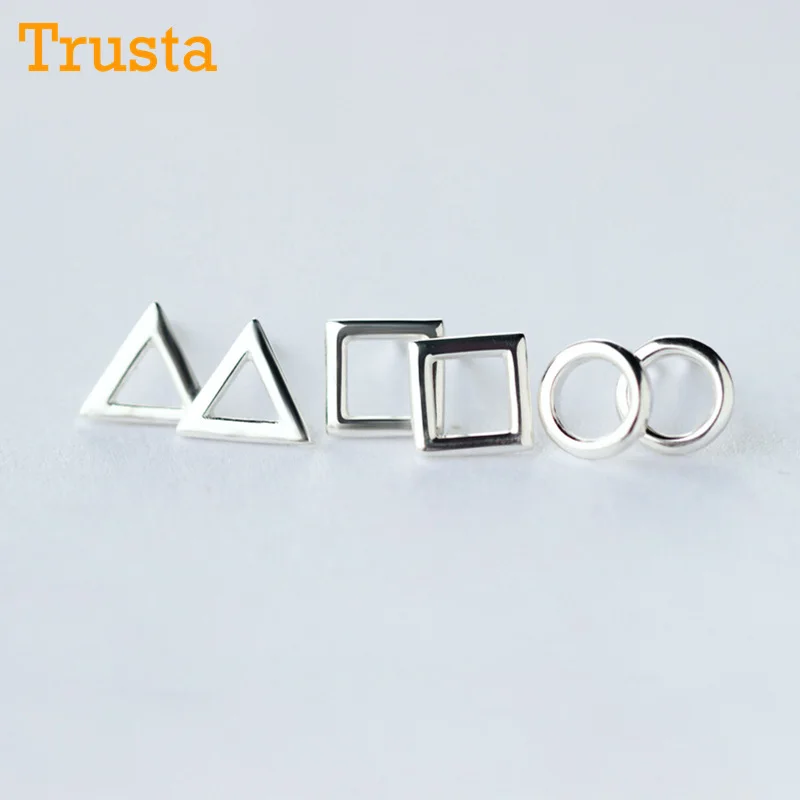 Trusta 925 пробы серебряные ювелирные изделия модные милые миниатюрные круглые квадратные треугольные серьги-гвоздики подарок для девочек