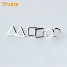 Trusta 925 пробы серебряные ювелирные изделия модные милые миниатюрные круглые квадратные треугольные серьги-гвоздики подарок для девочек