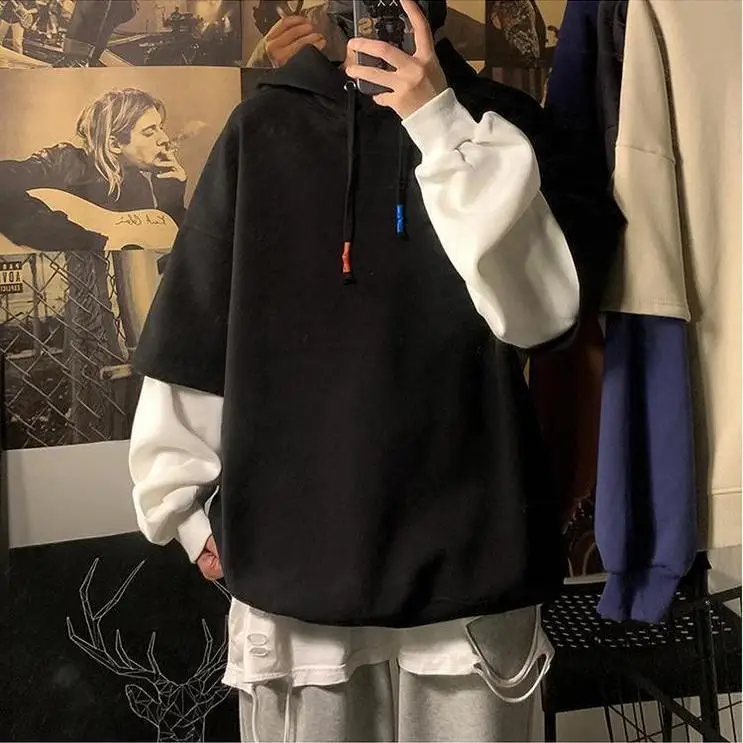 2024 trend fake two hoodies men's loose casual Korean student coat 3