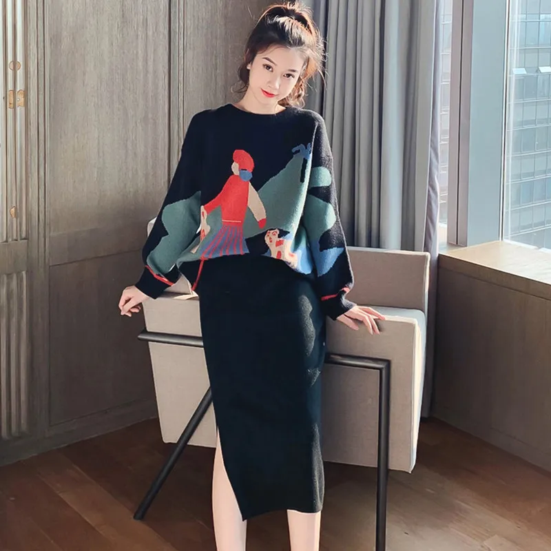 picture color Женский свитер с рисунком из мультфильма; одежда с длинными рукавами и круглым вырезом; вязаный пуловер; свитер+ юбка миди с разрезом; сезон осень-зима; комплект из 2 предметов - Цвет: picture color