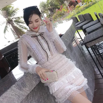 

New fund net yarn lace agaric diamond bow fairy long sleeve dress lace beading