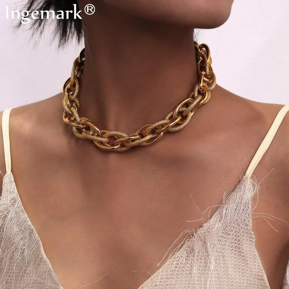 Lowered Necklace Pendant Lock Choker Collar Thick Chain Punk Chunky Statement Gold-Color Women Yypy0l0bz