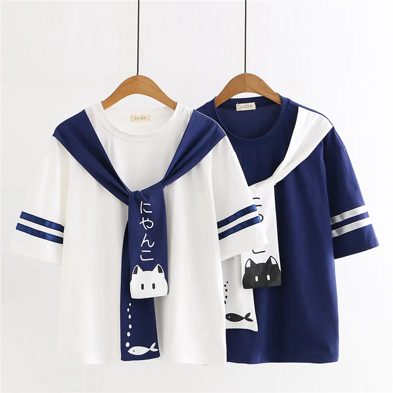 WXCTEAM женская рубашка Harajuku с матросским воротником кавайная японская игра Neko atsum Cat