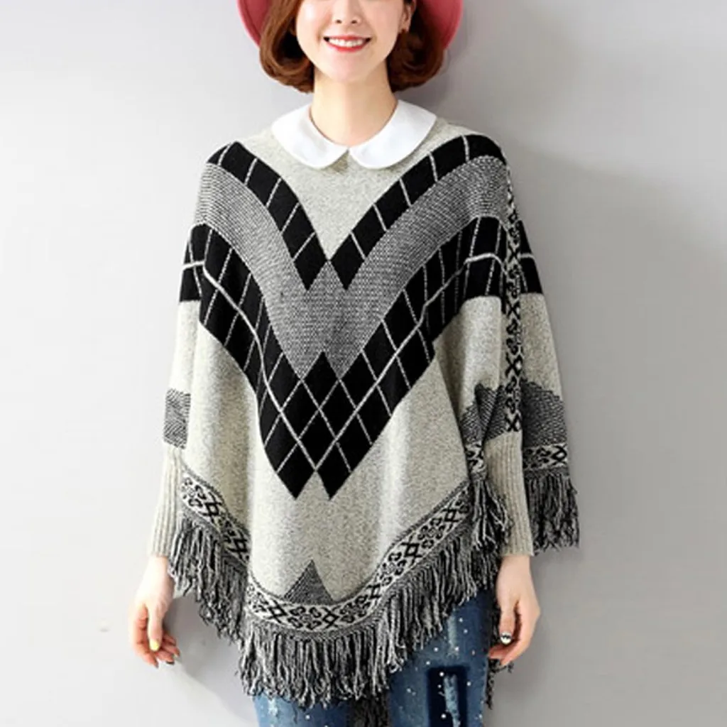 JAYCOSIN New Women Elegant Loose Sweaters Cloak Tassel Bat Sleeve Warm Soft Knitted Angyle Printed Pullover Tops Office Lady 126