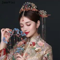 JaneVini Роскошные ювелирные изделия из Китая свадебный головной убор диадема Феникса древние красные заколки для волос Золотая Длинная