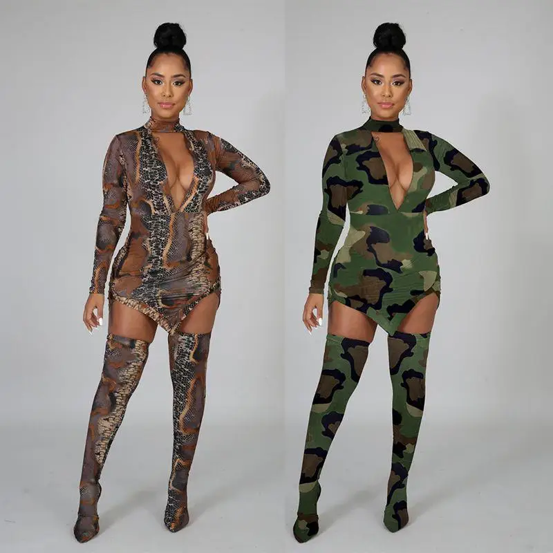 Camo Snake Print Two Piece Set Pattern Women Clothing Mini Dress And Long Stocking Birthday Matching Sexy Club Outfits | Женская одежда