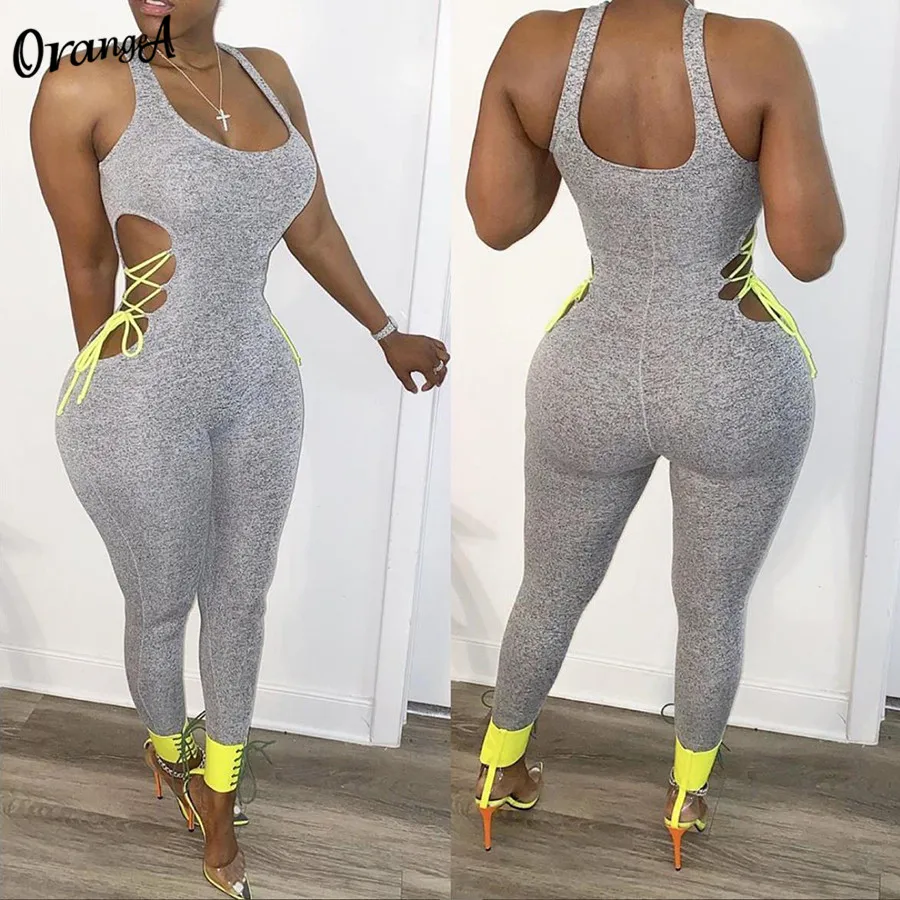 

OrangeA 2020 skinny women jumpsuit low-neck sleeveless blackless elastic high activewear hollow out bandage streetwear outfit