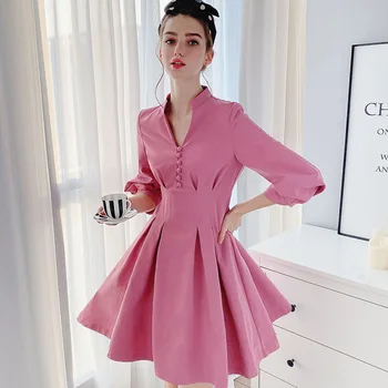 

Dabuwawa Elegant V Neck Solid Casual Button Dress Women Spring Vintage High Waist Lantern Sleeve Dresses Female DT1ADR019