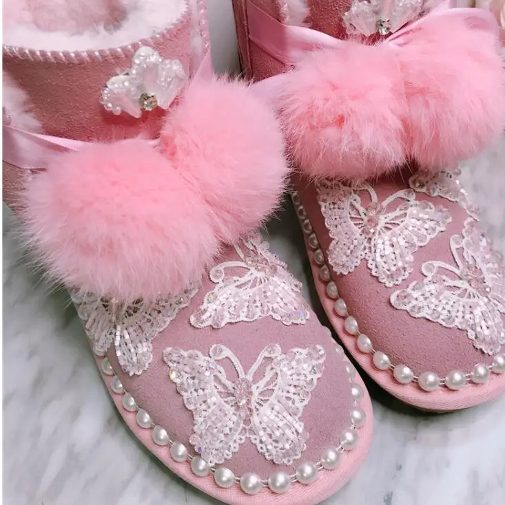 Hair ball snow boots heavy work little fairy butterfly embroidery short tube big cotton boots winter new pink