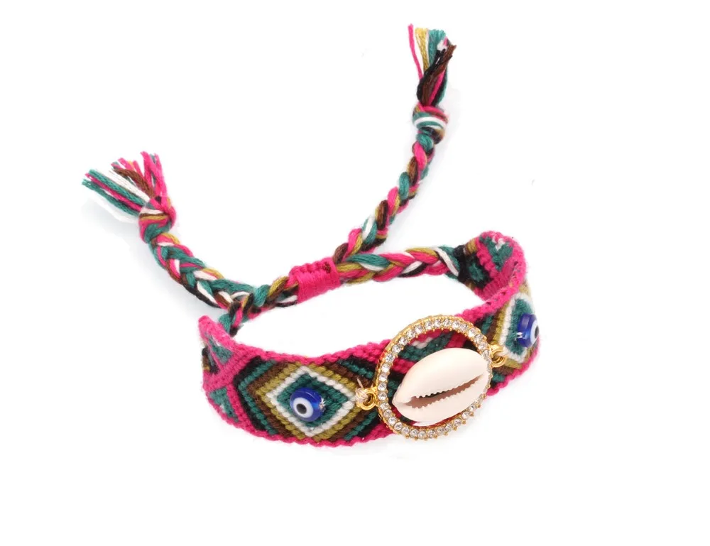 Boho Каури Seashell Круглый Круг сверкающий кристалл Регулируемый тканый браслет дружбы синий сглаза летние богемные ювелирные изделия