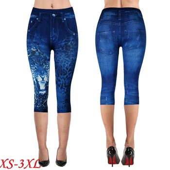 

Women Print Knitted Mitation Distressed Denim Jeans Leggings Casual High Waist Slim Elastic Pencil Pants