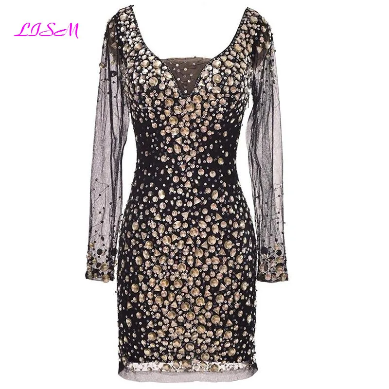 

Shinning Rhinstones Short Fitted Club Homecoming Dresses Tulle Sleeves with Sheer Back Party Dress