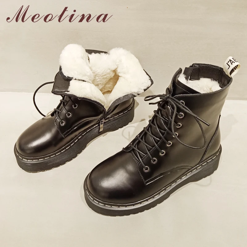 Meotina Cow Patent Leather Platform Mid Heels Ankle Boots Motorcycle Women Shoes Thick Lace Up Real Wool Short | Обувь