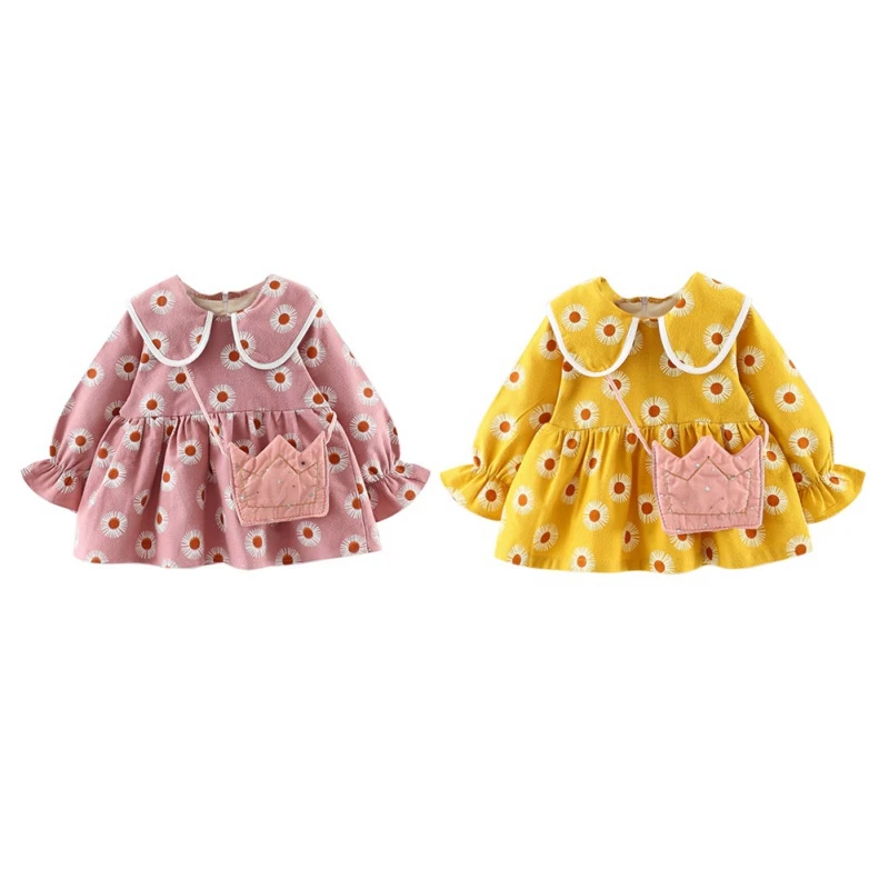 Floral Pattern Girls Dress Bag Autumn Casual Baby Girls Long Sleeve Dress Crown Bag Kids Toddler Pageant Sundress