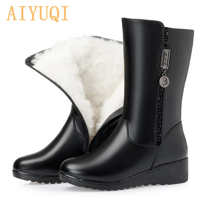 Black wool AIYUQI ботинки до середины икры; женские зимние ботинки; натуральная кожа; австралийская шерсть; женские зимние ботинки на плоской подошве; ботинки на танкетке; большие размеры - Цвет: Black wool