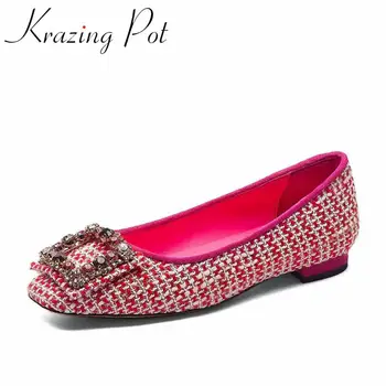 

Krazing pot 2020 hot sale special leather square toe square buckle rhinestone gingham cozy fashion gentlewomen spring flats L01