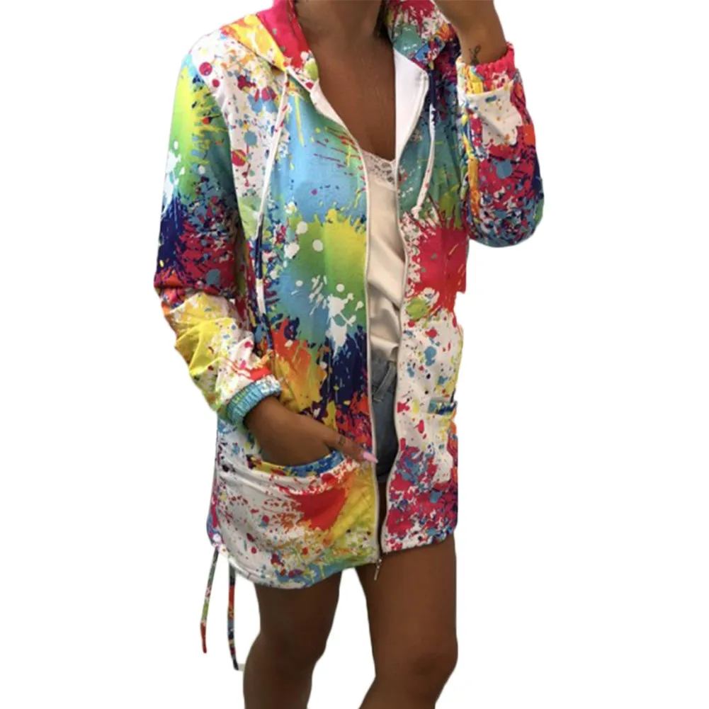 

Autumn Women Printed Hooded Jacket Long Sleeve Basic Coat Fashion V Neck Casual Coat Outwear