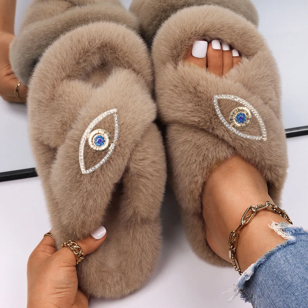 Women Home Slippers Designer Furry Slides Faux Fur Sandals Ladies Luxury Decor Fluffy Slippers Flip Flops Female Flat Shoes 2022