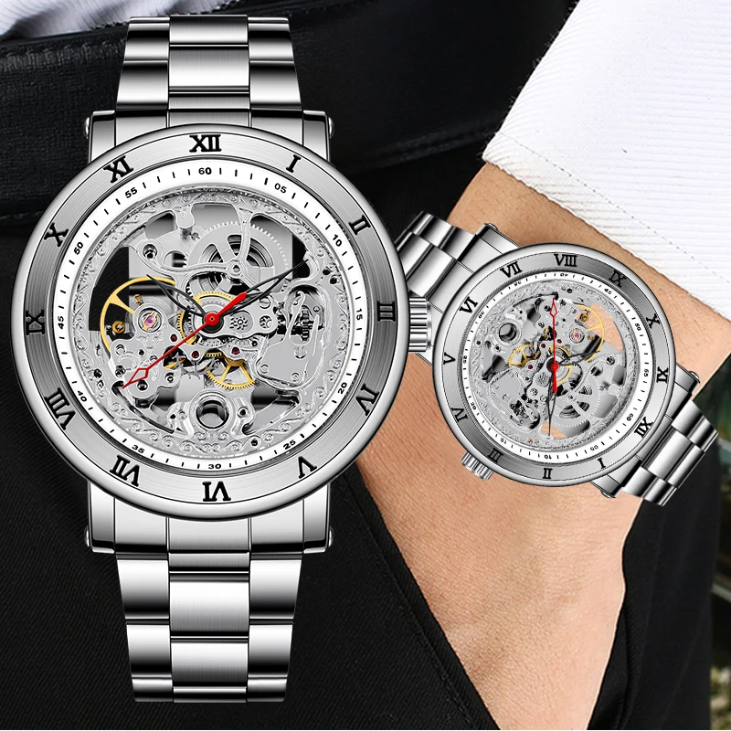 

FORSINING Skeleton Transparent Men's Watch Silver Stainless Steel Waterproof Men's Watch Dual Digital Display Mechanical Clock