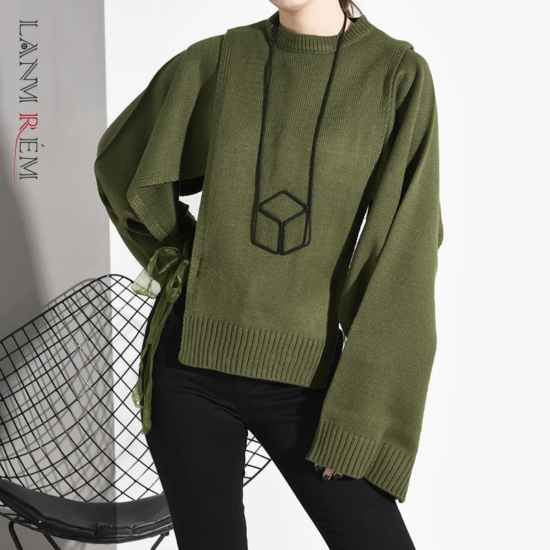 LANMREM 2020 new spring and summer round neck knitting flare sleeves organza pullover patchwork fake two pieces sweatshirt | Женская