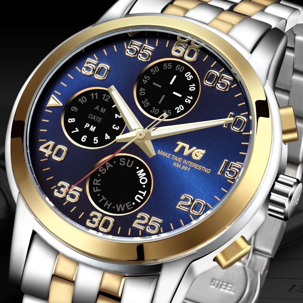 

TVG 2020 Mens Watch New Fashion Dual Time Zone High Quality Full Steel LED Digital Watch Men Waterproof Quartz Watch Sport Watch