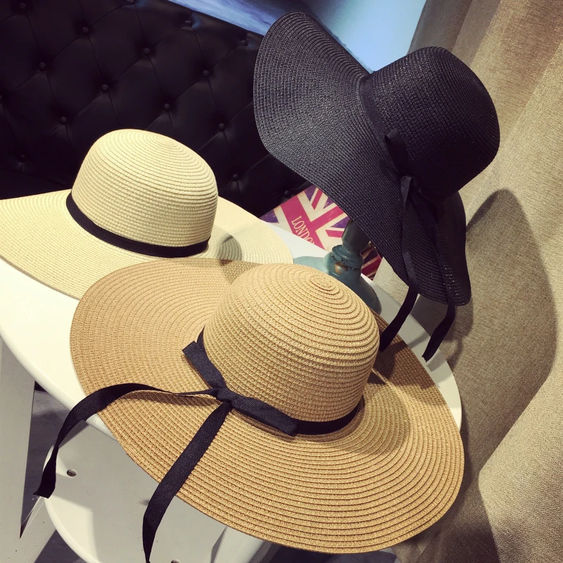 Summer Wide Big Brim floppy Straw Hats Sun For Women UV Protection Panama Beach Ladies bow hat chapeau femme ete | Аксессуары для
