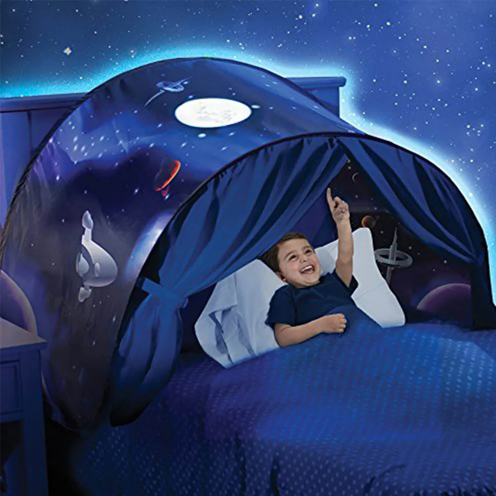Детская кровать мечты палатки с светильник карман для хранения детей мальчиков девочек ночной спальный складной всплывающий матрас Палатка игровой домик Единорог - Цвет: Space Adventure