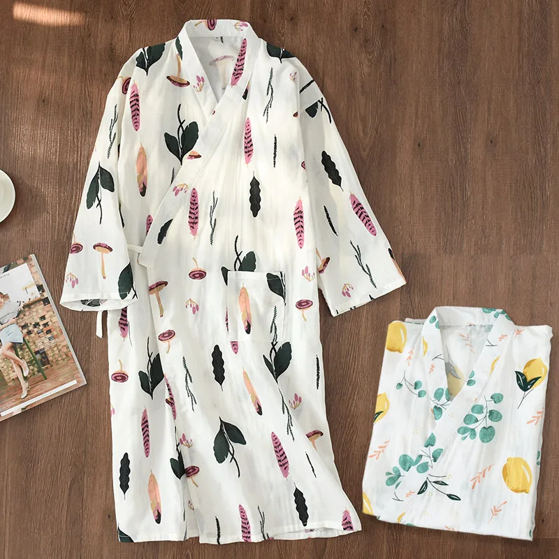 Spring Summer Japanese Vietnamese Style Kimono Yukata Pajamas For Women Homewear Long Sleeve Cardigan Cotton