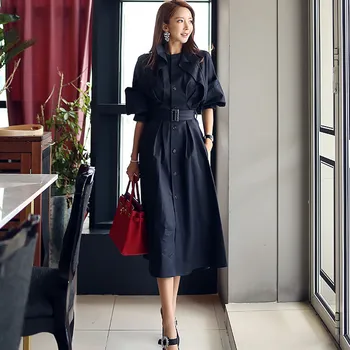 

Loose Outerwear 2019 New Korean Women Spring And Autumn Round Neck Single-Breasted Ruffled Patchwork Long Jacket Coats