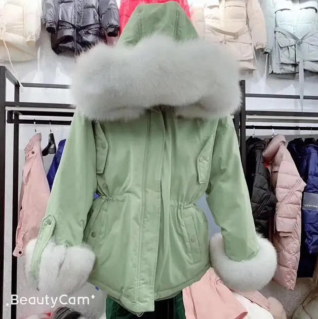 Натуральный Лисий мех, теплое Женское зимнее пальто, женская зимняя куртка, женская белая куртка на утином пуху, пуховик с капюшоном, парка Z001 - Цвет: light green