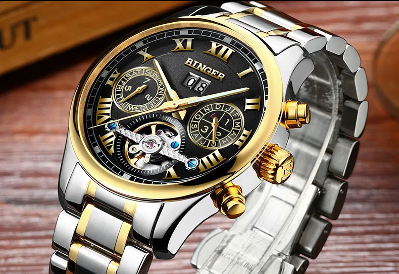 Швейцарские Бингер мужские часы люксовый бренд Tourbillon сапфир светящиеся несколько функций механические наручные часы B8602-7
