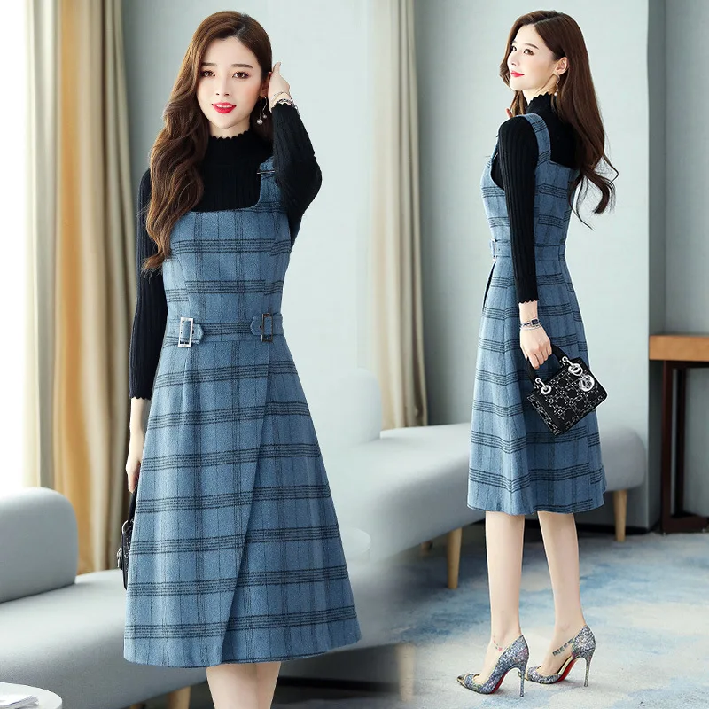 

Woolen Dress Women's 2019 Autumn & Winter New Style Skirt Elegant Dress Outfit Mid-length Two-Piece Set Vest Skirt