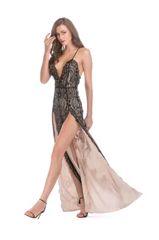 

New sexy backless dress sledding sequined open fork dress