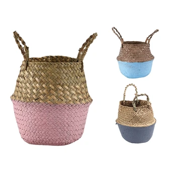 

Rattan Basket Straw Basket Garden Foldable Flower Pot Hanging Wicker Storage Basket Woven Seagrass Basket Rattan Flower Vase-Siz