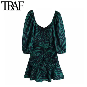 

TRAF Women Vintage Stylish Ruffles Print Mini Dress Fashion V Neck Three Qulater Sleeve Female Dresses Chic Vestidos Mujer
