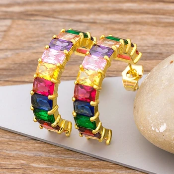 

Fashion Rainbow CZ Ear Cuff for Women Girls Copper Zircon Circle Stud Earrings Bohemia Ethnic Party Jewelry Best Birthday Gift