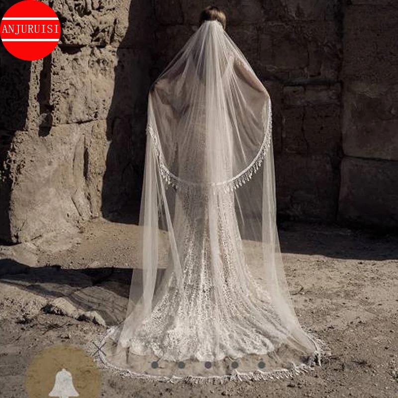 Nuovo Elegante Lungo Da Sposa Velo De Novia Bordo In Pizzo A Due Strati Da Sposa Cappella Velo Accessori Boda Voile Sposa Mariage Welon Slubny
