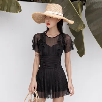 

High Waist Swimsuit One-Piece Swimsuits Women's Swimwear One Piece Bathing Suit 2019 1 Women Korean Girl Female Veil Joint Solid