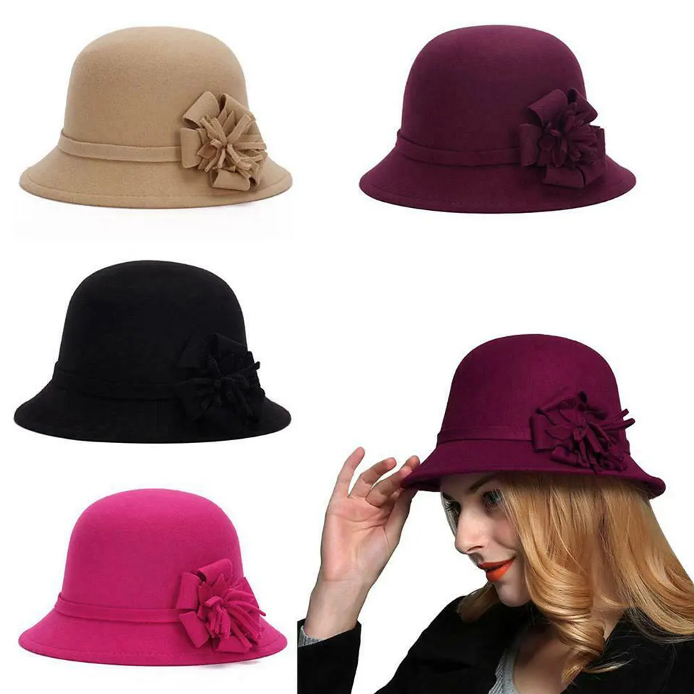 Женская шляпа с широкими полями, Осень-зима, теплая, для взрослых, для отдыха, Панама, цветок, фетр, винтажная, круглая, котелок, кепка, модная, элегантная