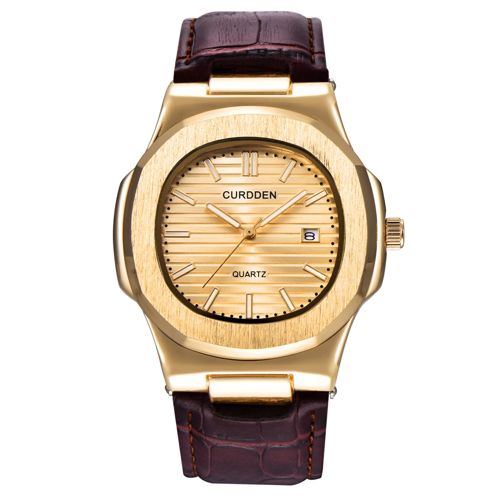 Мужские часы от роскошного бренда, модные часы с кожаным ремешком и датой Quzrtz, наручные часы для мужчин, деловые подарки, часы Montre Homme de Marque 1520 - Цвет: brown gold