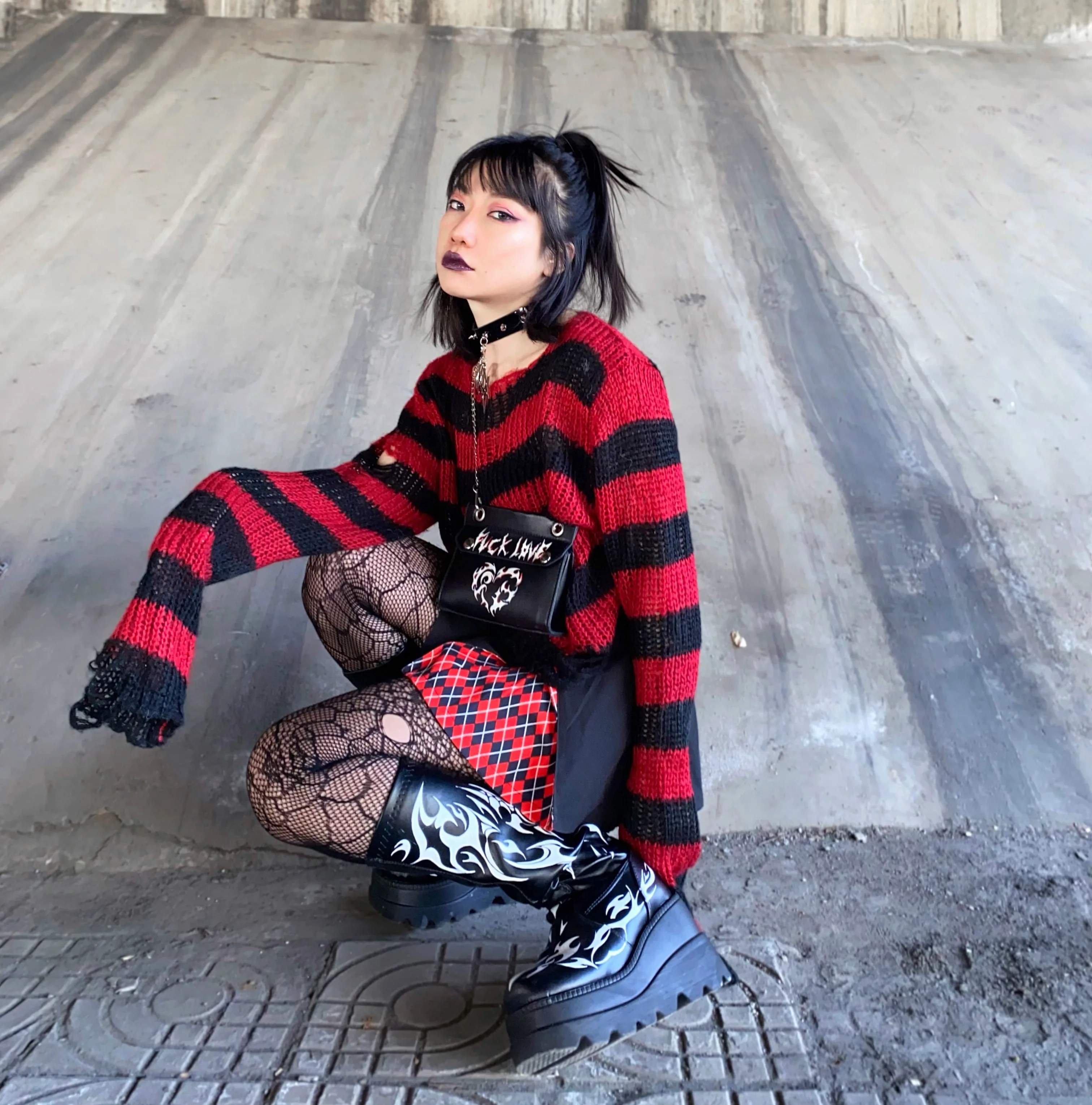 Punk Gothic Short Sweater 2021 Summer Women Sexy Striped Cool Hole Broken Jumper Loose Alt Emo Dark Streetwear Y2k Top Unisex