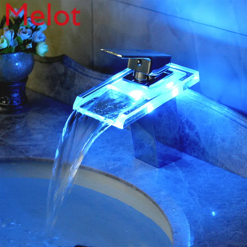 

LED Basin Faucet Brass Waterfall Temperature Colors Change Bathroom Mixer Tap Deck Mounted Wash Sink Glass Taps