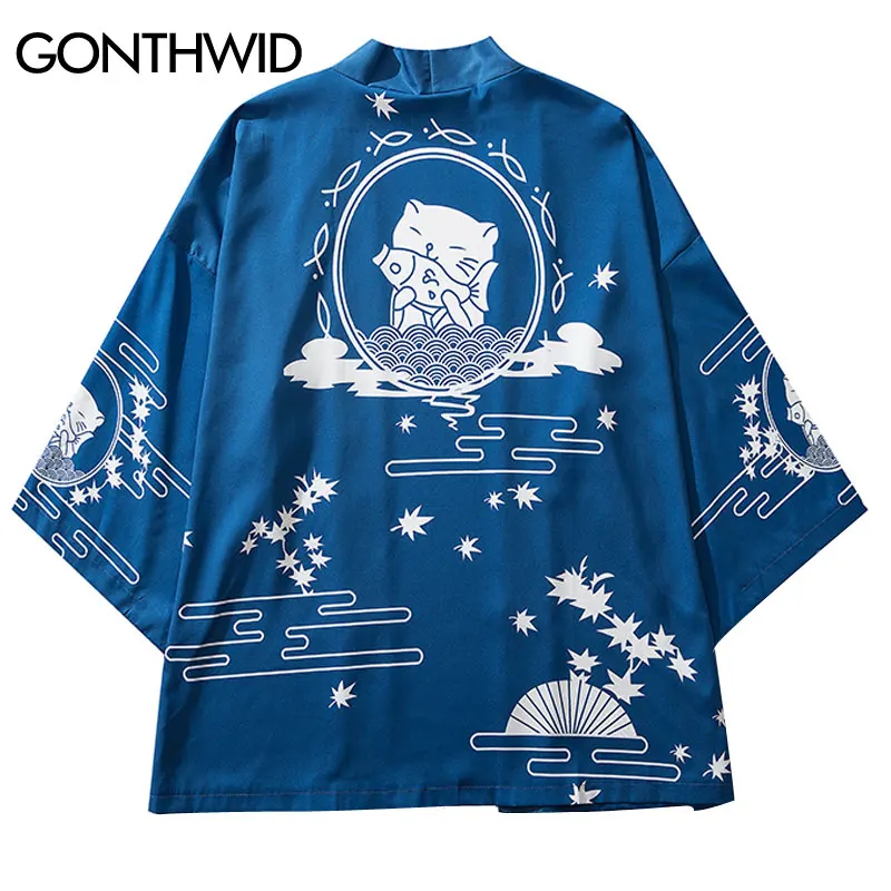 

GONTHWID Japanese Style Cat Fish Print Kimono Cardigan Shirts Jackets Harajuku Streetwear Hip Hop Casual Open Front Coats Tops