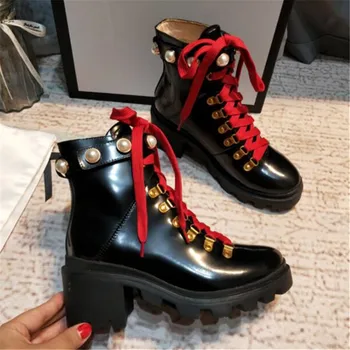 

Genuine Leather Boots Luxury Ankle Boots Thick Heels Botas Mujer Fashion Round Toe Female Shoes Lace Up Platform Sexy Boots 2019