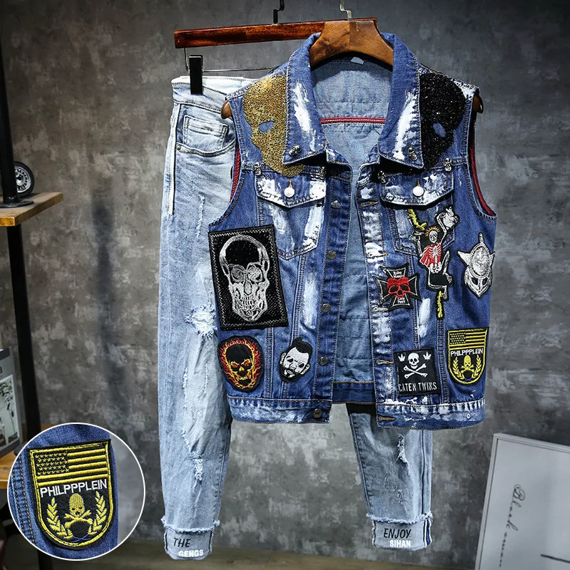 

Hong Kong Style Denim Waistcoat Men's Summer Non-Mainstream Face Skeleton Skull Head Embroidered Vest Trend Casual Handsome Wais
