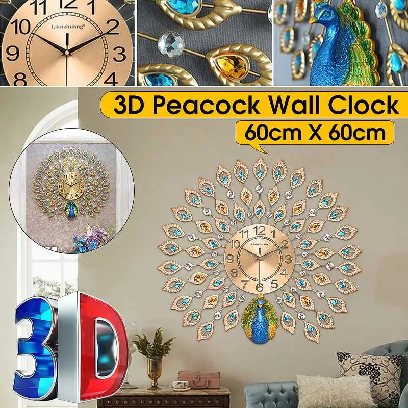 

Peacock Crystal Big Large Wall Clock Modern Design Light Luxury Style Living Room Bedroom House Decorations Silent Wall Clock