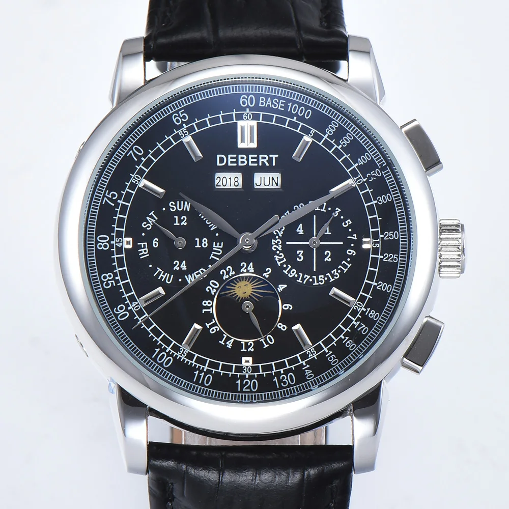 Debert 42mm Top Brand Watch Men Moon Phase White Dial Silver stainless steel Case Seagull Automatic watch часы мужские