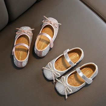 

Children Leather Shoes Flat Sandals Girl Princess Shoes Soft Kids Rhinestone Party dance pure Color Pink Silver SSW016